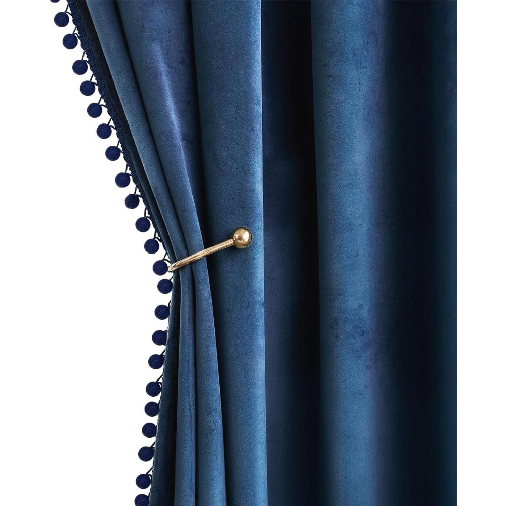 imageMIULEE Christmas Emerald Green Pom Pom Velvet Curtains for BedroomLiving Room Darkening Thermal Insulating 84 Inches Long Blackout Curtain with Rod Pocket for Girls RoomNurseryHome Theater Set of 2Navy Blue