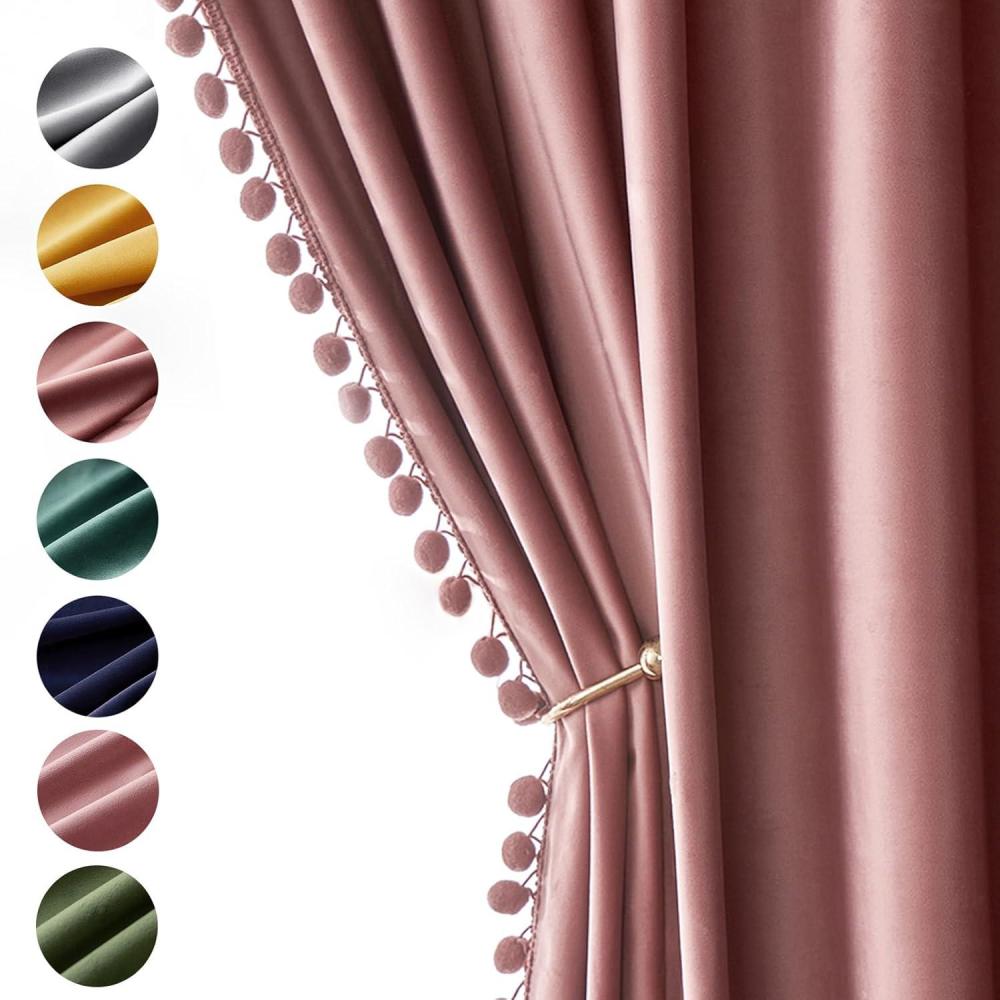 imageMIULEE Christmas Emerald Green Pom Pom Velvet Curtains for BedroomLiving Room Darkening Thermal Insulating 84 Inches Long Blackout Curtain with Rod Pocket for Girls RoomNurseryHome Theater Set of 2Dry Rose