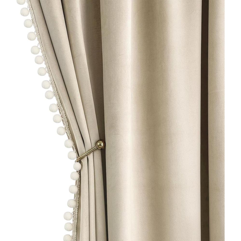 imageMIULEE Christmas Emerald Green Pom Pom Velvet Curtains for BedroomLiving Room Darkening Thermal Insulating 84 Inches Long Blackout Curtain with Rod Pocket for Girls RoomNurseryHome Theater Set of 2Beige