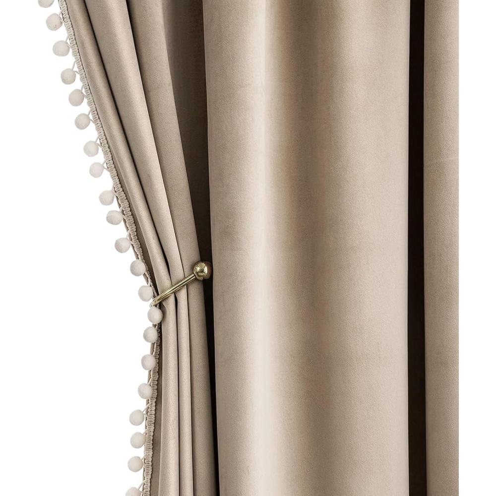 imageMIULEE Christmas Emerald Green Pom Pom Velvet Curtains for BedroomLiving Room Darkening Thermal Insulating 84 Inches Long Blackout Curtain with Rod Pocket for Girls RoomNurseryHome Theater Set of 2Camel Beige