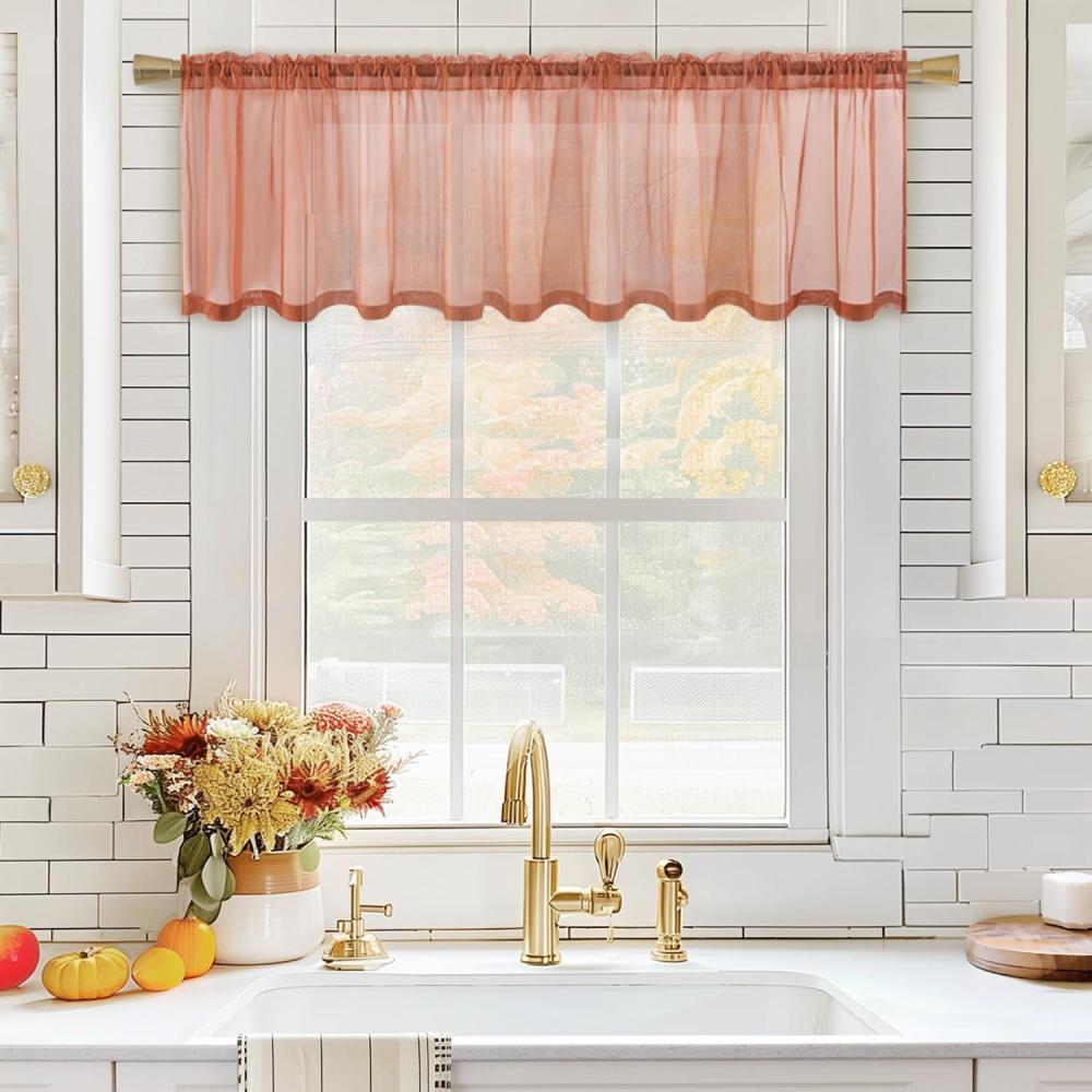 imageMIULEE Christmas Half Window Sheer Curtain Valance Extra Wide Rod Pocket Voile Drape for Kitchen Cafe Bathroom Small Window One Panel 60 x 18 Inch Haute RedBurnt Orange