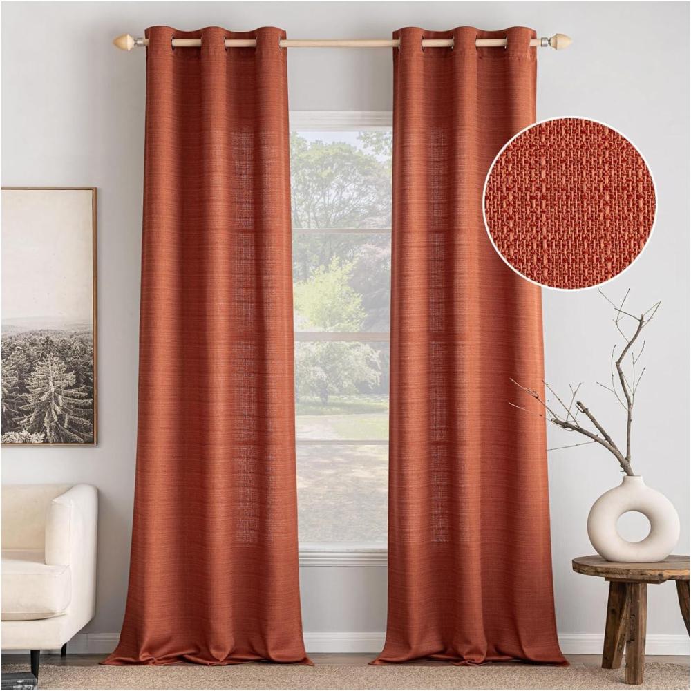 imageMIULEE Christmas Hunter Green Faux Linen Textured Curtains 84 Inch Length 2 Panels Set for Living Room Bedroom Farmhouse Burlap Weave Semi Sheer Grommet Top Light Filtering Window Drapes W37xL84Terracotta
