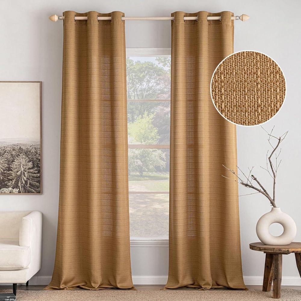 imageMIULEE Christmas Hunter Green Faux Linen Textured Curtains 84 Inch Length 2 Panels Set for Living Room Bedroom Farmhouse Burlap Weave Semi Sheer Grommet Top Light Filtering Window Drapes W37xL84Brown
