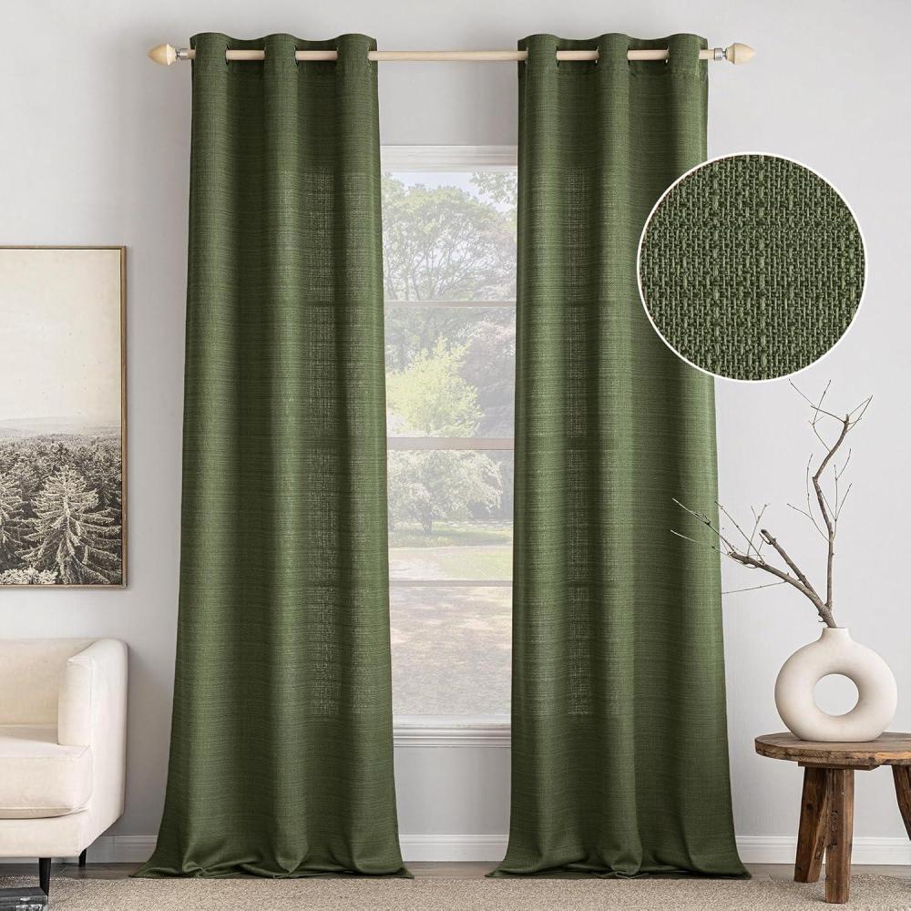 imageMIULEE Christmas Hunter Green Faux Linen Textured Curtains 84 Inch Length 2 Panels Set for Living Room Bedroom Farmhouse Burlap Weave Semi Sheer Grommet Top Light Filtering Window Drapes W37xL84Olive Green