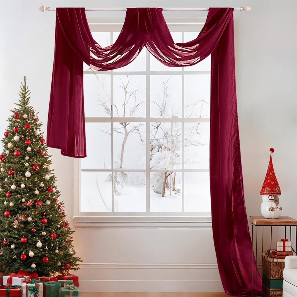 imageMIULEE Christmas Luxury Window Scarf Sheer Voile Elegant Topper Long Window Valance Solid Window Treatment Swags Drapes for Window Ceremony Wedding Canopy Bed 54quot x 216quot Maroon Red 1 PieceMaroon Red