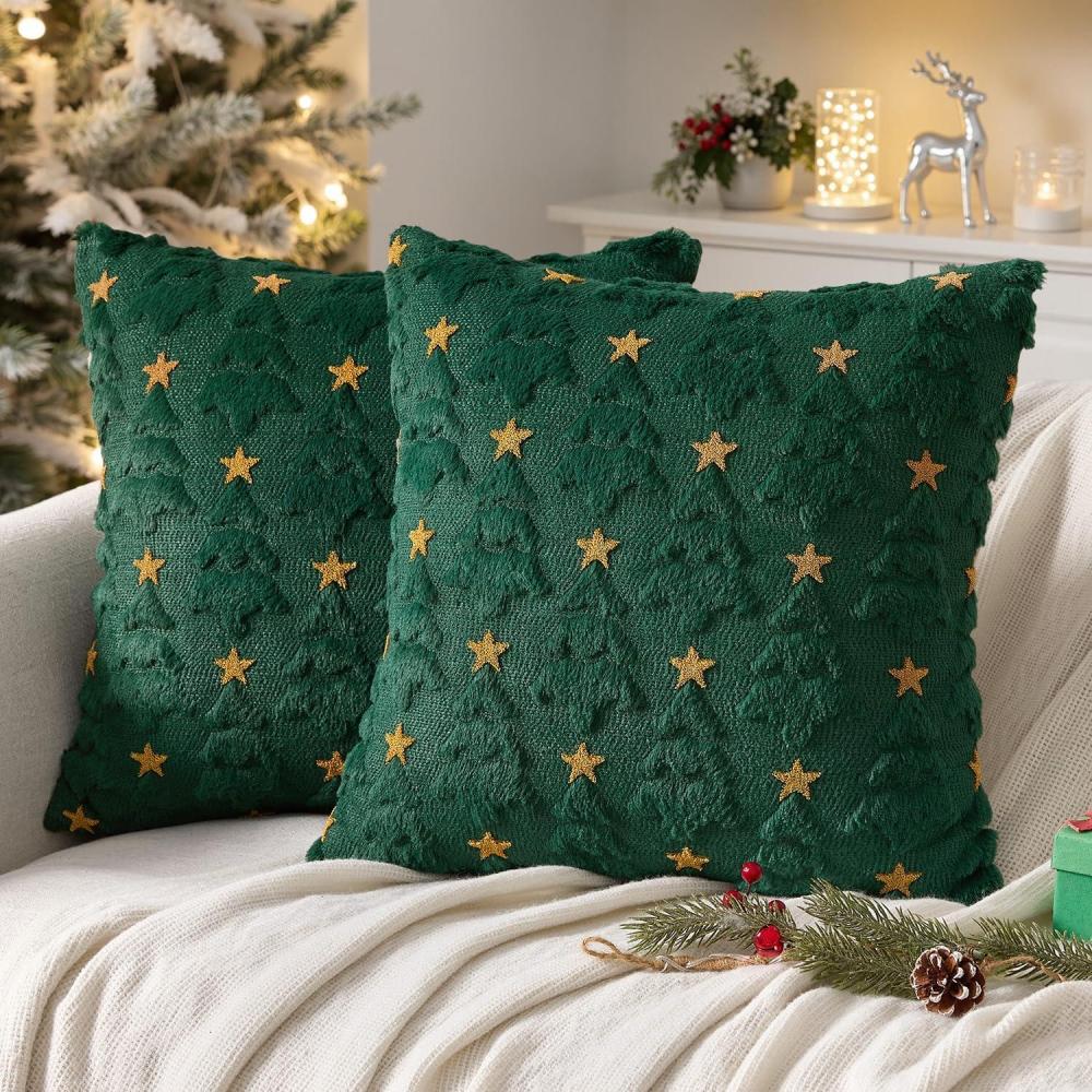 imageMIULEE Christmas Pillow Covers 18x18 Inch Set of 2 Beige Christmas Tree Plush Faux Fur Pillowcases Soft Decorative Throw Pillow Cases for Couch Sofa Living Room Winter Xmas Holiday Home DecorGreen