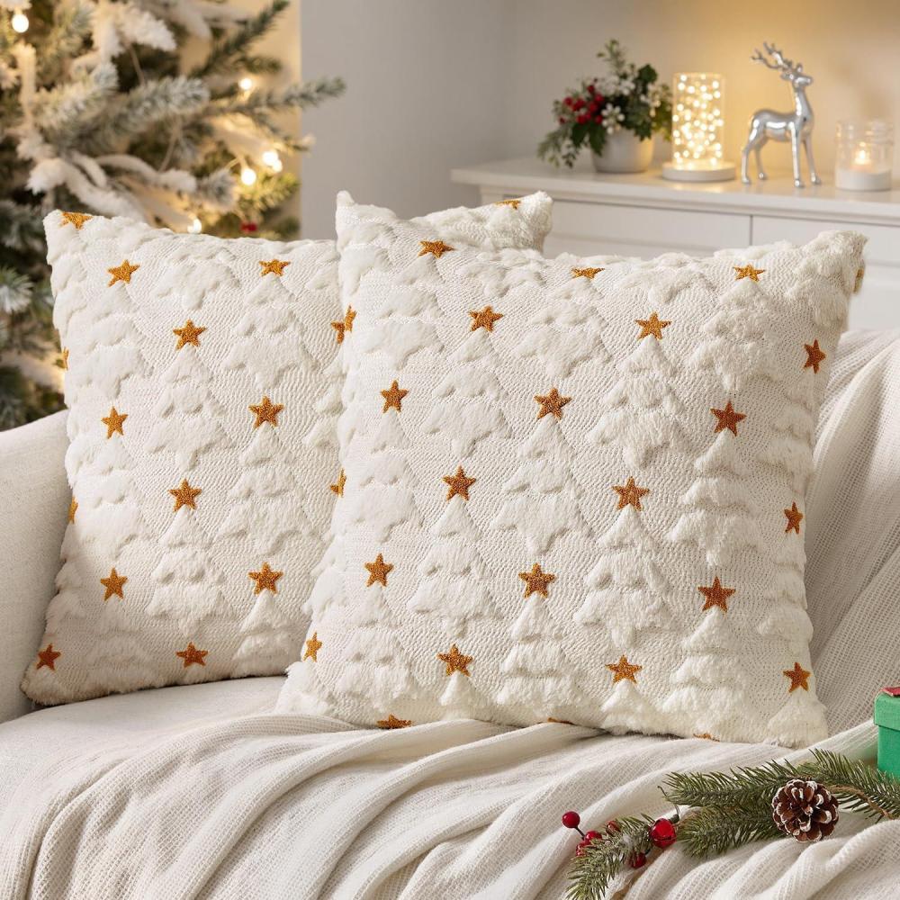 imageMIULEE Christmas Pillow Covers 18x18 Inch Set of 2 Beige Christmas Tree Plush Faux Fur Pillowcases Soft Decorative Throw Pillow Cases for Couch Sofa Living Room Winter Xmas Holiday Home DecorCream White