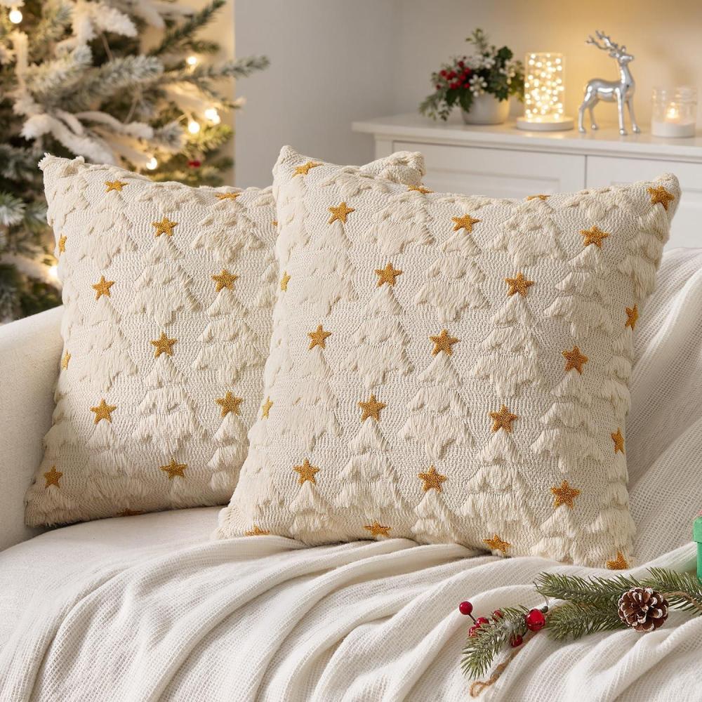 imageMIULEE Christmas Pillow Covers 18x18 Inch Set of 2 Beige Christmas Tree Plush Faux Fur Pillowcases Soft Decorative Throw Pillow Cases for Couch Sofa Living Room Winter Xmas Holiday Home DecorBeige
