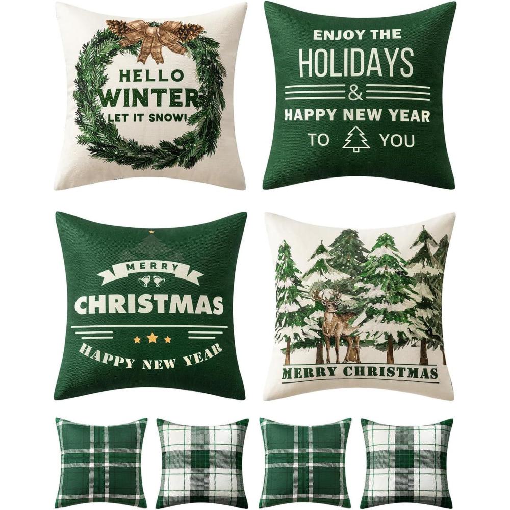 imageMIULEE Christmas Pillow Covers Set of 4 Plaid Throw Pillow Covers Red Tree Reindeer Wreath Winter Holiday Cushion Case Farmhouse Modern for Sofa Couch Home Decor18x18 InchDark Green