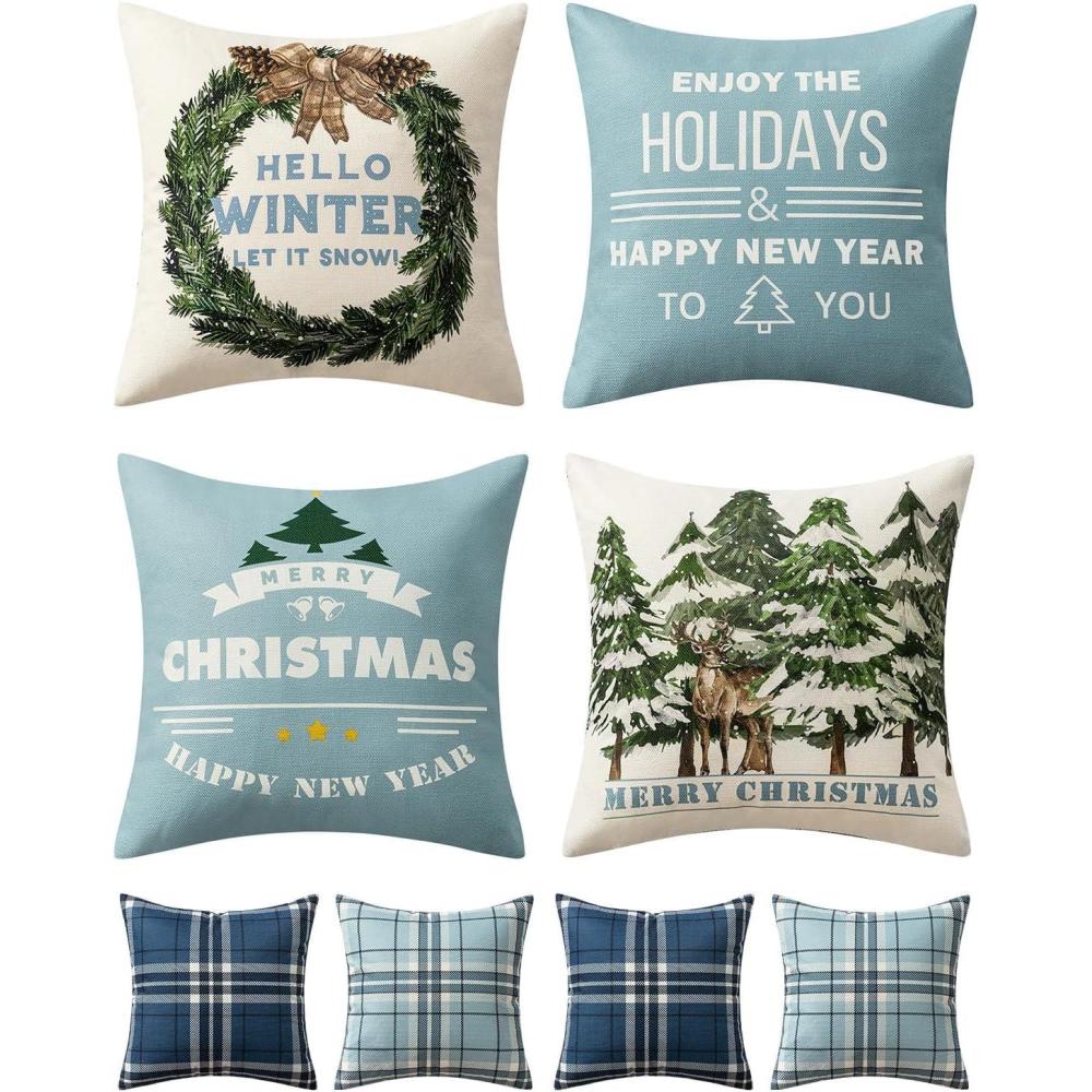 imageMIULEE Christmas Pillow Covers Set of 4 Plaid Throw Pillow Covers Red Tree Reindeer Wreath Winter Holiday Cushion Case Farmhouse Modern for Sofa Couch Home Decor18x18 InchBlue