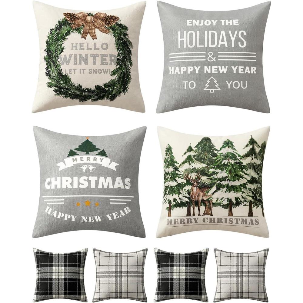 imageMIULEE Christmas Pillow Covers Set of 4 Plaid Throw Pillow Covers Red Tree Reindeer Wreath Winter Holiday Cushion Case Farmhouse Modern for Sofa Couch Home Decor18x18 InchGrey