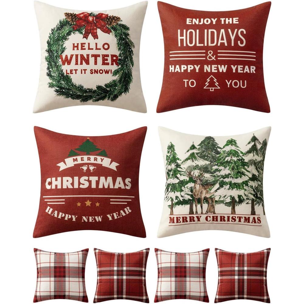 imageMIULEE Christmas Pillow Covers Set of 4 Plaid Throw Pillow Covers Red Tree Reindeer Wreath Winter Holiday Cushion Case Farmhouse Modern for Sofa Couch Home Decor18x18 InchRed