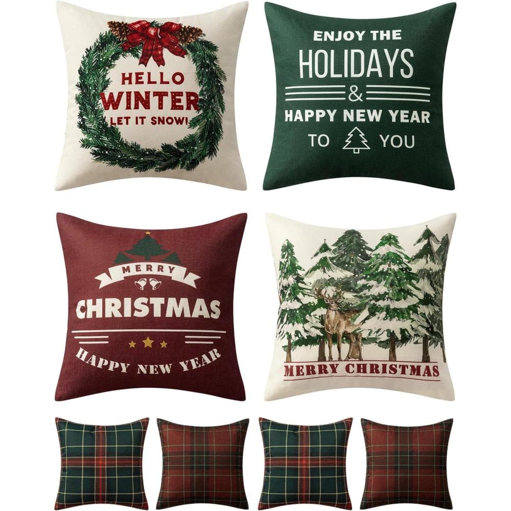 imageMIULEE Christmas Pillow Covers Set of 4 Plaid Throw Pillow Covers Red Tree Reindeer Wreath Winter Holiday Cushion Case Farmhouse Modern for Sofa Couch Home Decor18x18 InchRed and Green