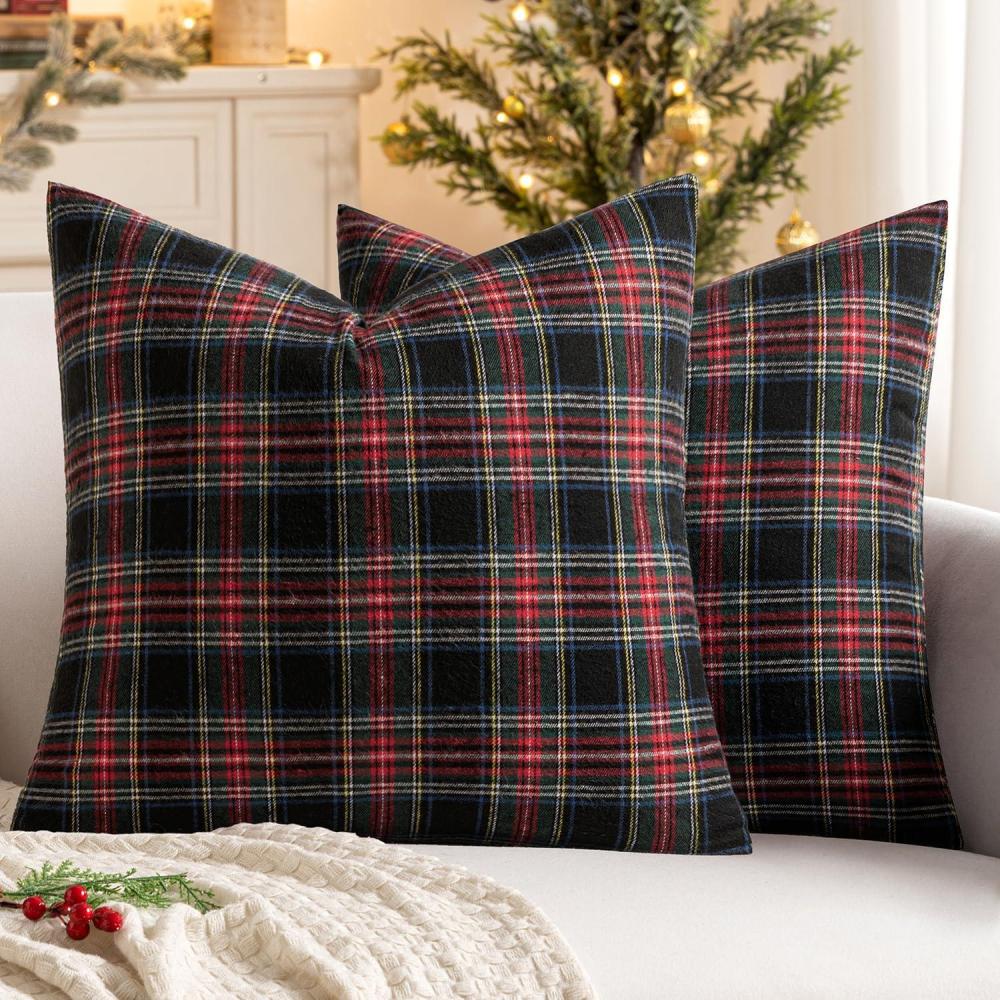 imageMIULEE Christmas Set of 2 Scottish Tartan Plaid Throw Pillow Covers Farmhouse Classic Decorative Outdoor Square Cushion Cases for Decor Sofa Couch 18x18 Inch GreenDark Blue