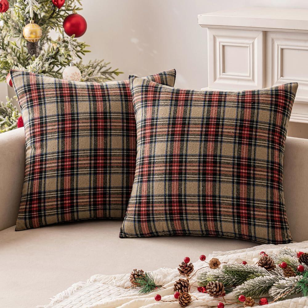 imageMIULEE Christmas Set of 2 Scottish Tartan Plaid Throw Pillow Covers Farmhouse Classic Decorative Outdoor Square Cushion Cases for Decor Sofa Couch 18x18 Inch GreenKhaki
