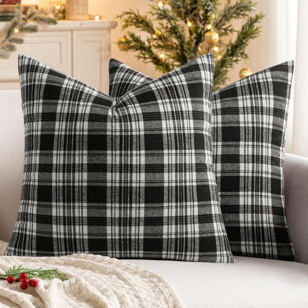 imageMIULEE Christmas Set of 2 Scottish Tartan Plaid Throw Pillow Covers Farmhouse Classic Decorative Outdoor Square Cushion Cases for Decor Sofa Couch 18x18 Inch GreenBlack and White