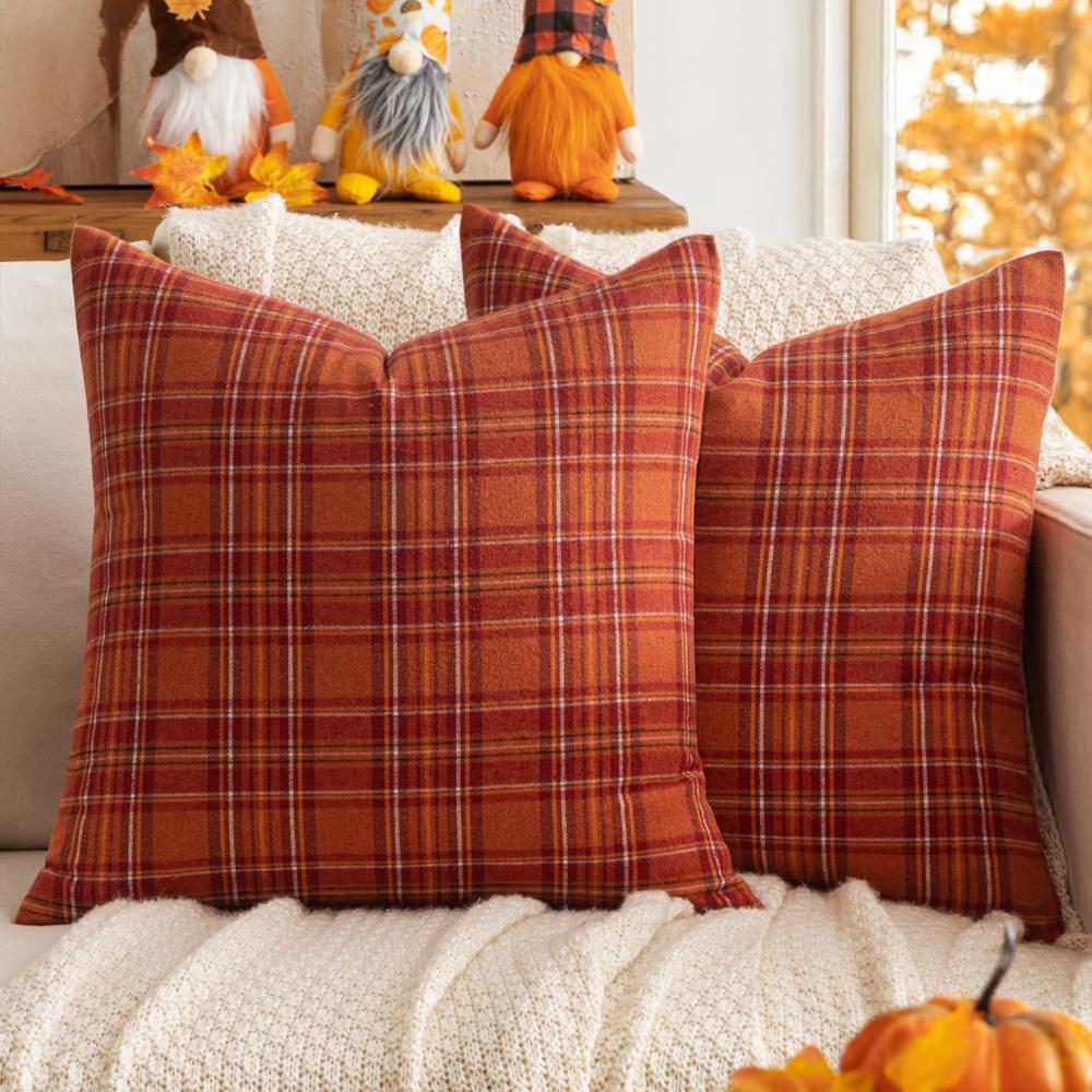 imageMIULEE Christmas Set of 2 Scottish Tartan Plaid Throw Pillow Covers Farmhouse Classic Decorative Outdoor Square Cushion Cases for Decor Sofa Couch 18x18 Inch GreenRust