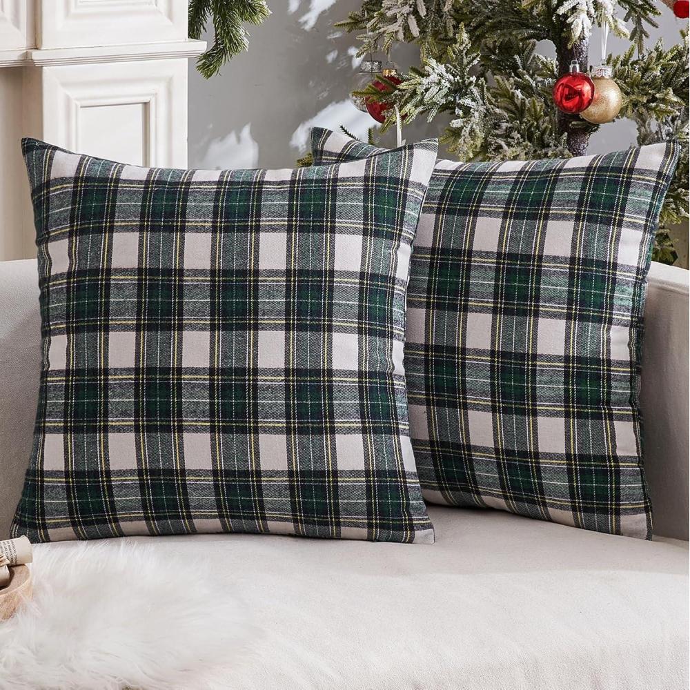 imageMIULEE Christmas Set of 2 Scottish Tartan Plaid Throw Pillow Covers Farmhouse Classic Decorative Outdoor Square Cushion Cases for Decor Sofa Couch 18x18 Inch GreenGreen and White