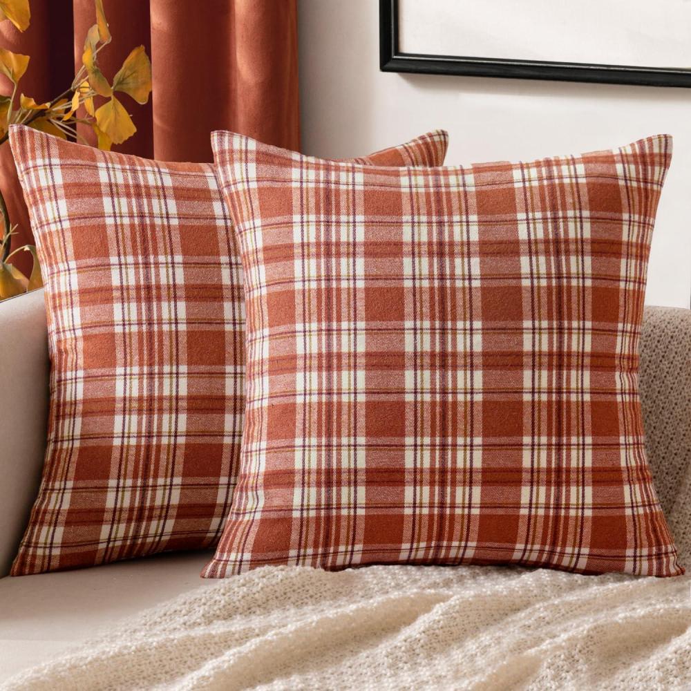 imageMIULEE Christmas Set of 2 Scottish Tartan Plaid Throw Pillow Covers Farmhouse Classic Decorative Outdoor Square Cushion Cases for Decor Sofa Couch 18x18 Inch GreenOrange and White