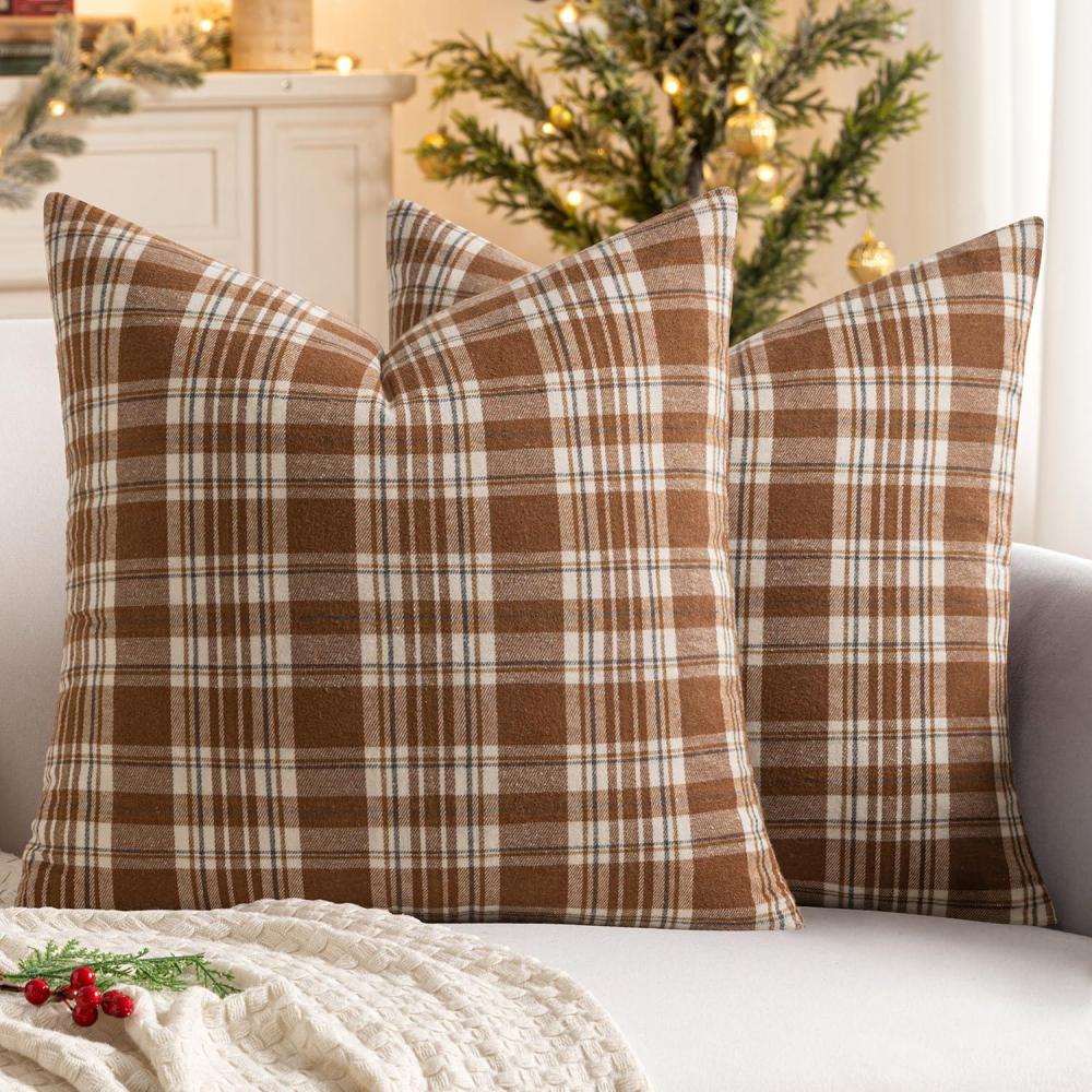 imageMIULEE Christmas Set of 2 Scottish Tartan Plaid Throw Pillow Covers Farmhouse Classic Decorative Outdoor Square Cushion Cases for Decor Sofa Couch 18x18 Inch GreenBrown and White