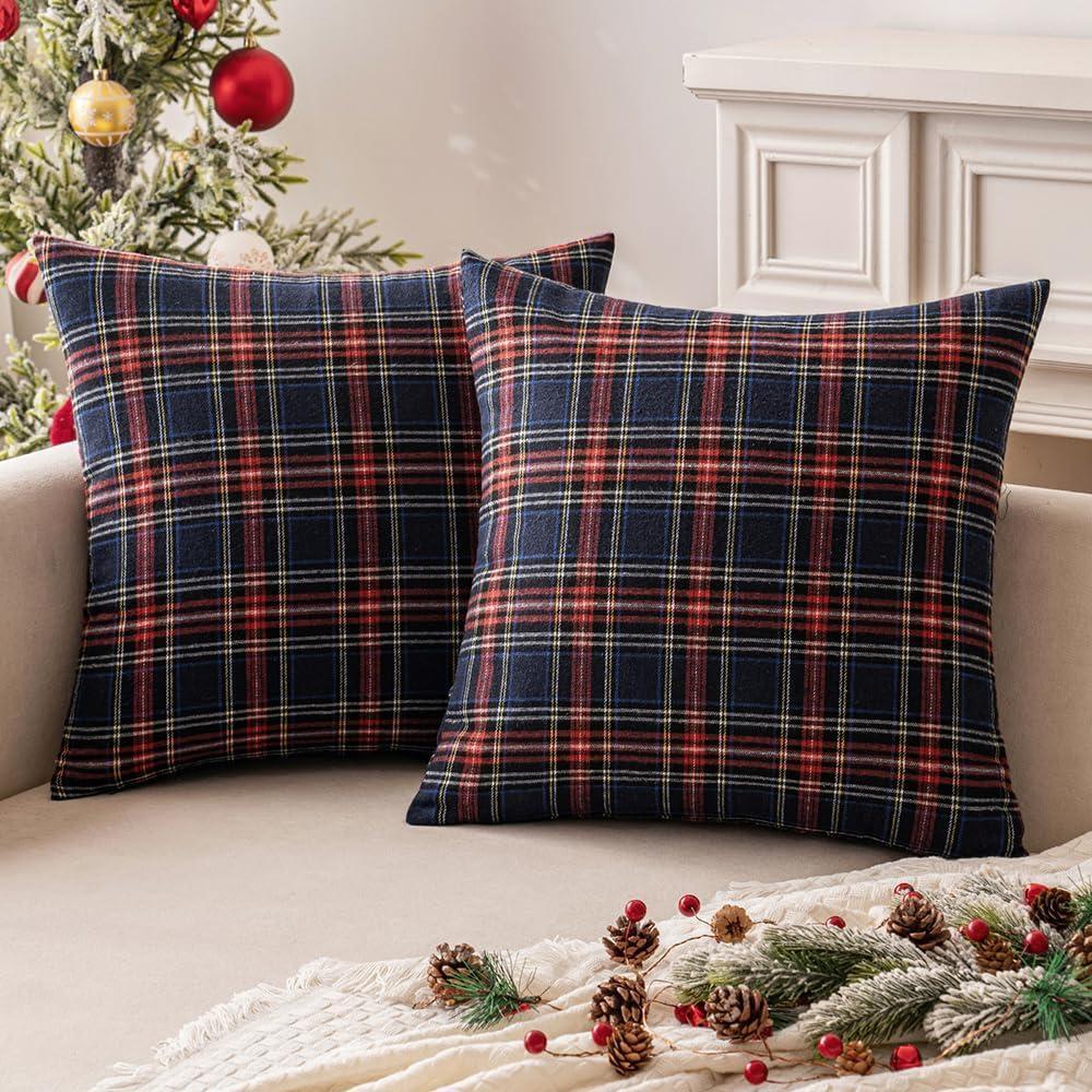 imageMIULEE Christmas Set of 2 Scottish Tartan Plaid Throw Pillow Covers Farmhouse Classic Decorative Outdoor Square Cushion Cases for Decor Sofa Couch 18x18 Inch GreenBlue