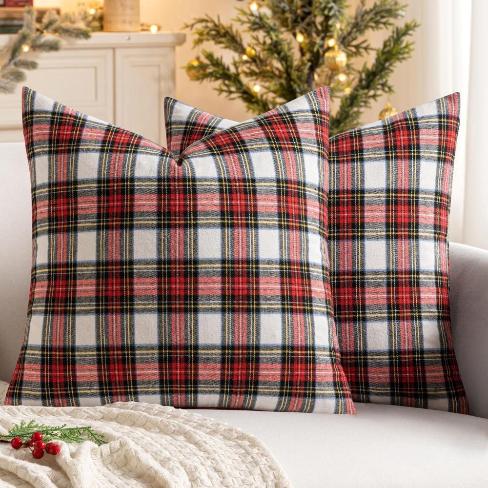 imageMIULEE Christmas Set of 2 Scottish Tartan Plaid Throw Pillow Covers Farmhouse Classic Decorative Outdoor Square Cushion Cases for Decor Sofa Couch 18x18 Inch GreenRed and White