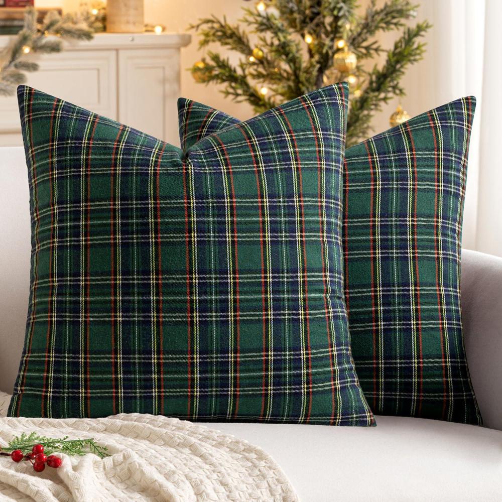 imageMIULEE Christmas Set of 2 Scottish Tartan Plaid Throw Pillow Covers Farmhouse Classic Decorative Outdoor Square Cushion Cases for Decor Sofa Couch 18x18 Inch GreenGreen