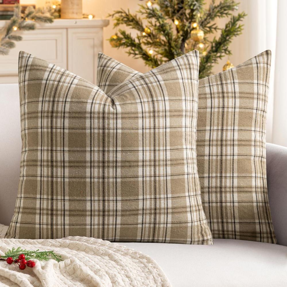 imageMIULEE Christmas Set of 2 Scottish Tartan Plaid Throw Pillow Covers Farmhouse Classic Decorative Outdoor Square Cushion Cases for Decor Sofa Couch 18x18 Inch GreenKhaki and White