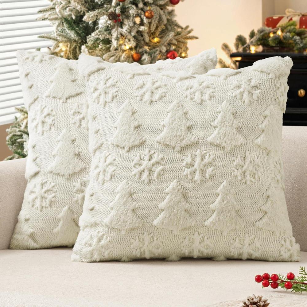 imageMIULEE Christmas Throw Pillow Covers 18x18 Set of 2 Christmas Decorations Beige Soft Plush Faux Fur Wool Xmas Tree Snowflakes Pillowcases Holiday Festivals Winter Home Decor Sofa Couch Bed PorchCream White