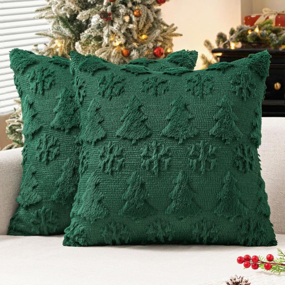 imageMIULEE Christmas Throw Pillow Covers 18x18 Set of 2 Christmas Decorations Beige Soft Plush Faux Fur Wool Xmas Tree Snowflakes Pillowcases Holiday Festivals Winter Home Decor Sofa Couch Bed PorchDark Green