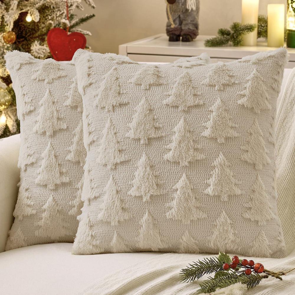 imageMIULEE Christmas Throw Pillow Covers Dark Green Christmas Decorations Set of 2 Xmas Tree 18x18 Pillow Covers Soft Plush Faux Wool Pillowcases Holiday Festivals Winter Home Decor Sofa Couch Bed PorchBeige