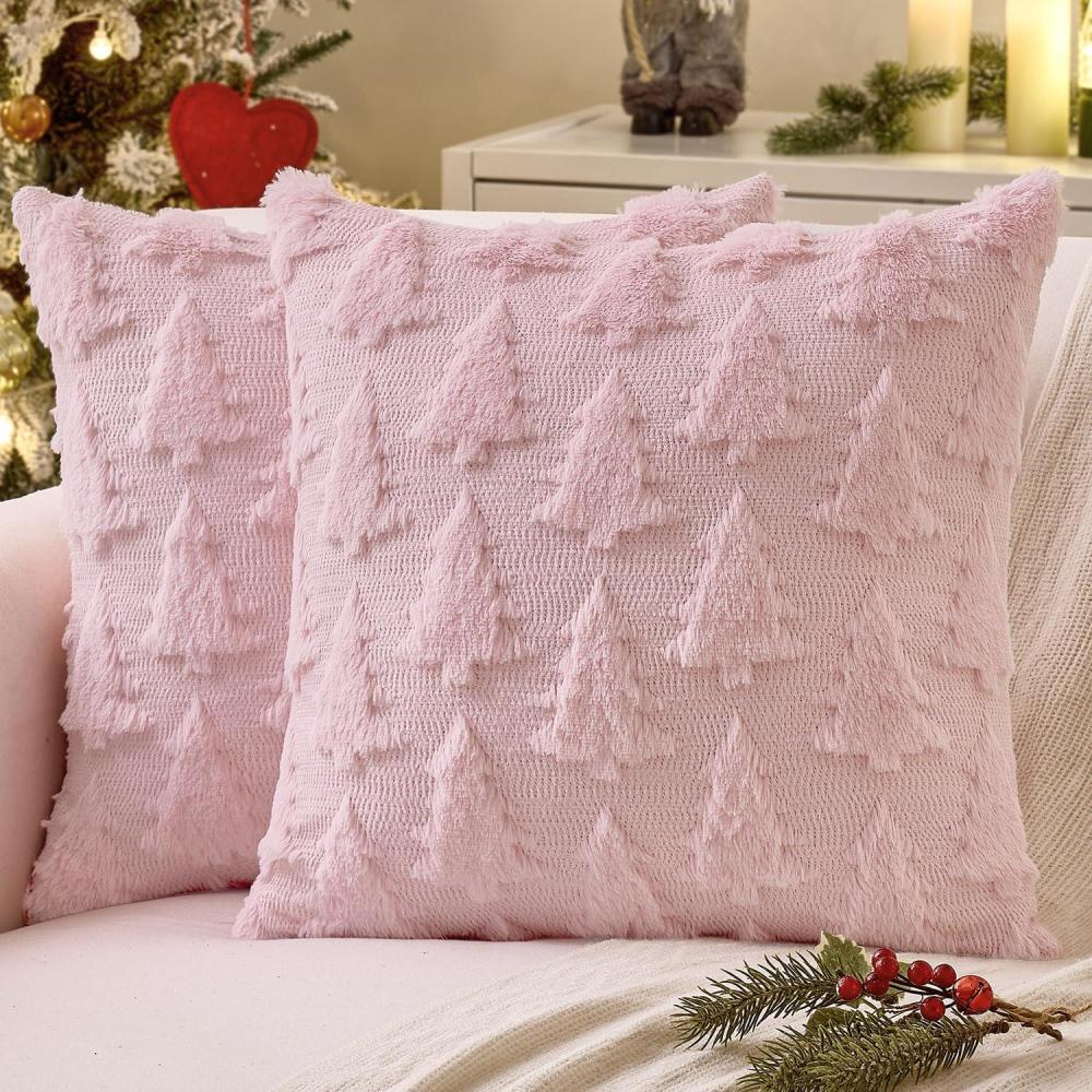 imageMIULEE Christmas Throw Pillow Covers Dark Green Christmas Decorations Set of 2 Xmas Tree 18x18 Pillow Covers Soft Plush Faux Wool Pillowcases Holiday Festivals Winter Home Decor Sofa Couch Bed PorchPink