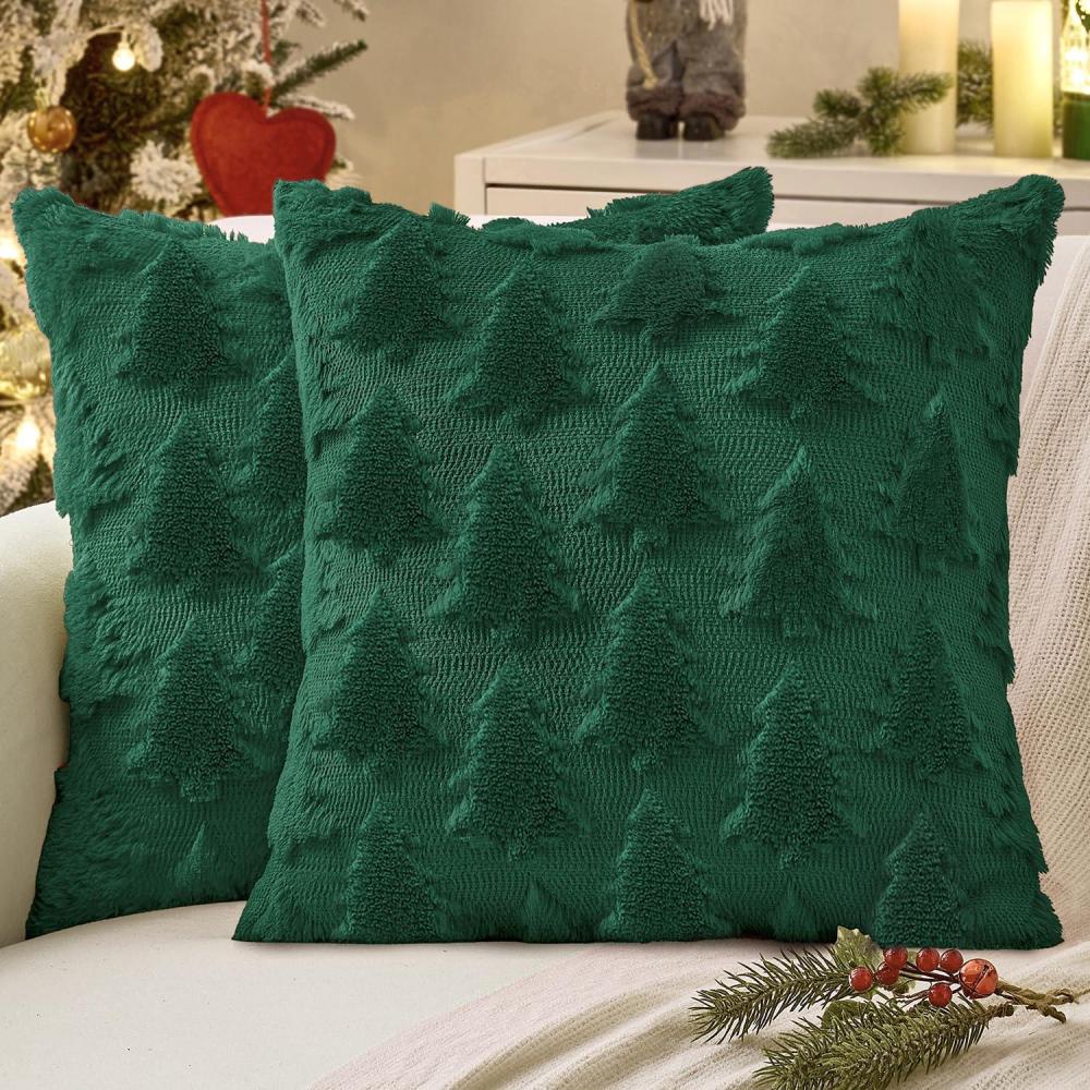 imageMIULEE Christmas Throw Pillow Covers Dark Green Christmas Decorations Set of 2 Xmas Tree 18x18 Pillow Covers Soft Plush Faux Wool Pillowcases Holiday Festivals Winter Home Decor Sofa Couch Bed PorchDark Green