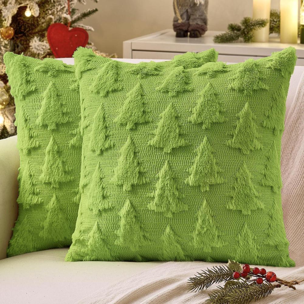 imageMIULEE Christmas Throw Pillow Covers Dark Green Christmas Decorations Set of 2 Xmas Tree 18x18 Pillow Covers Soft Plush Faux Wool Pillowcases Holiday Festivals Winter Home Decor Sofa Couch Bed PorchGreen