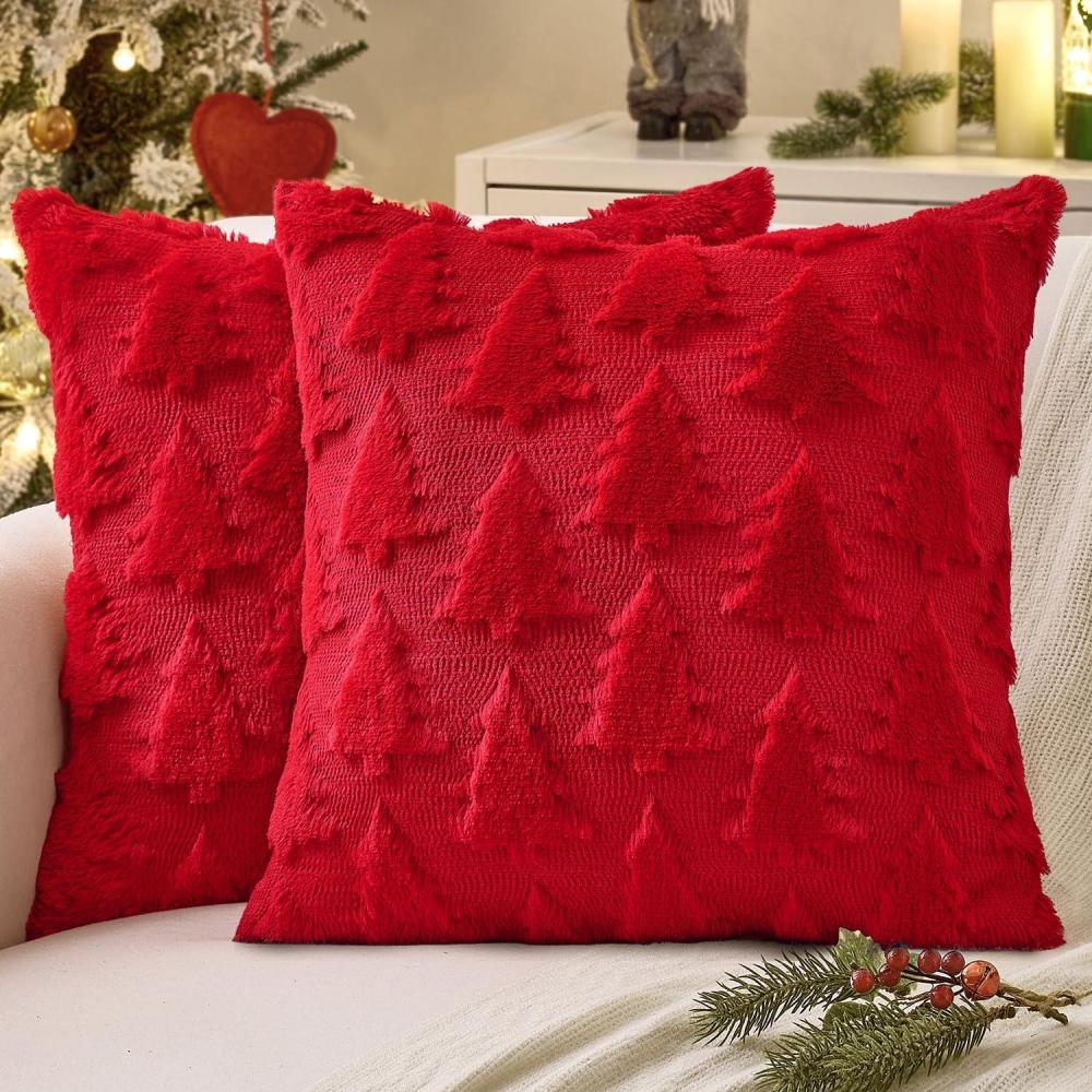 imageMIULEE Christmas Throw Pillow Covers Dark Green Christmas Decorations Set of 2 Xmas Tree 18x18 Pillow Covers Soft Plush Faux Wool Pillowcases Holiday Festivals Winter Home Decor Sofa Couch Bed PorchRed