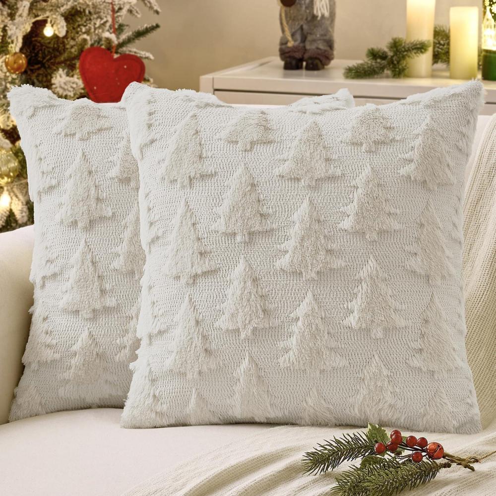 imageMIULEE Christmas Throw Pillow Covers Dark Green Christmas Decorations Set of 2 Xmas Tree 18x18 Pillow Covers Soft Plush Faux Wool Pillowcases Holiday Festivals Winter Home Decor Sofa Couch Bed PorchCream White