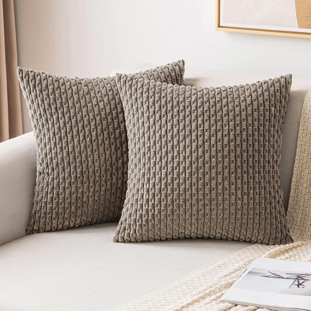 imageMIULEE Christmas Throw Pillow Covers Soft Corduroy Decorative Set of 2 Boho Striped Pillow Covers Pillowcases Farmhouse Home Decor for Couch Bed Sofa Living Room 18x18 Inch Pure WhiteBrown