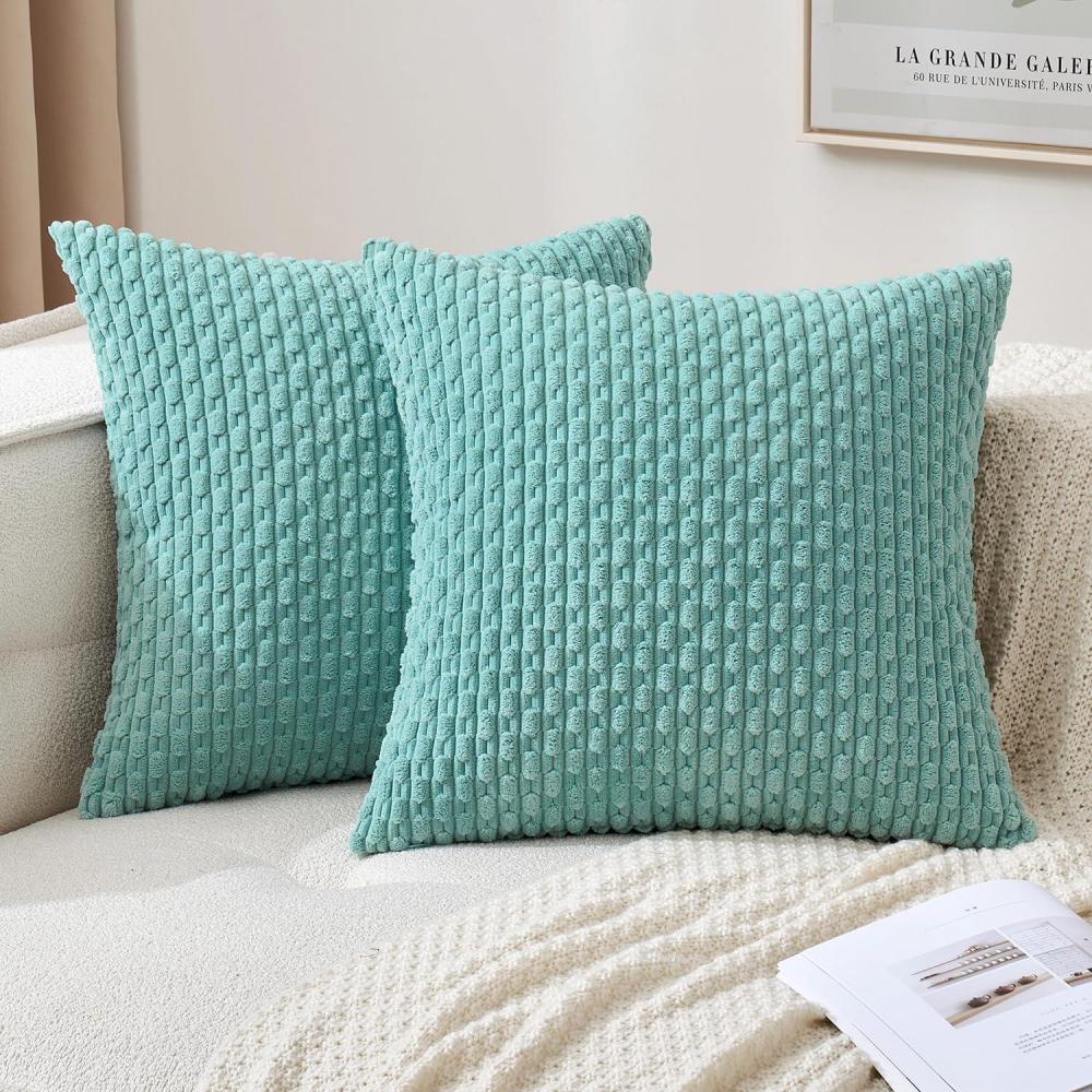 imageMIULEE Christmas Throw Pillow Covers Soft Corduroy Decorative Set of 2 Boho Striped Pillow Covers Pillowcases Farmhouse Home Decor for Couch Bed Sofa Living Room 18x18 Inch Pure WhiteAqua Green
