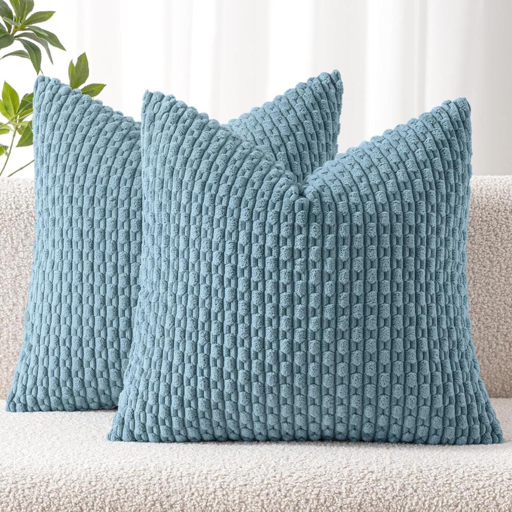 imageMIULEE Christmas Throw Pillow Covers Soft Corduroy Decorative Set of 2 Boho Striped Pillow Covers Pillowcases Farmhouse Home Decor for Couch Bed Sofa Living Room 18x18 Inch Pure WhiteBlue Grey