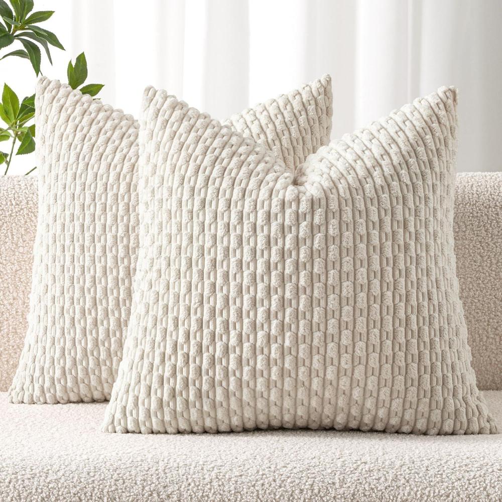 imageMIULEE Christmas Throw Pillow Covers Soft Corduroy Decorative Set of 2 Boho Striped Pillow Covers Pillowcases Farmhouse Home Decor for Couch Bed Sofa Living Room 18x18 Inch Pure WhiteCream White
