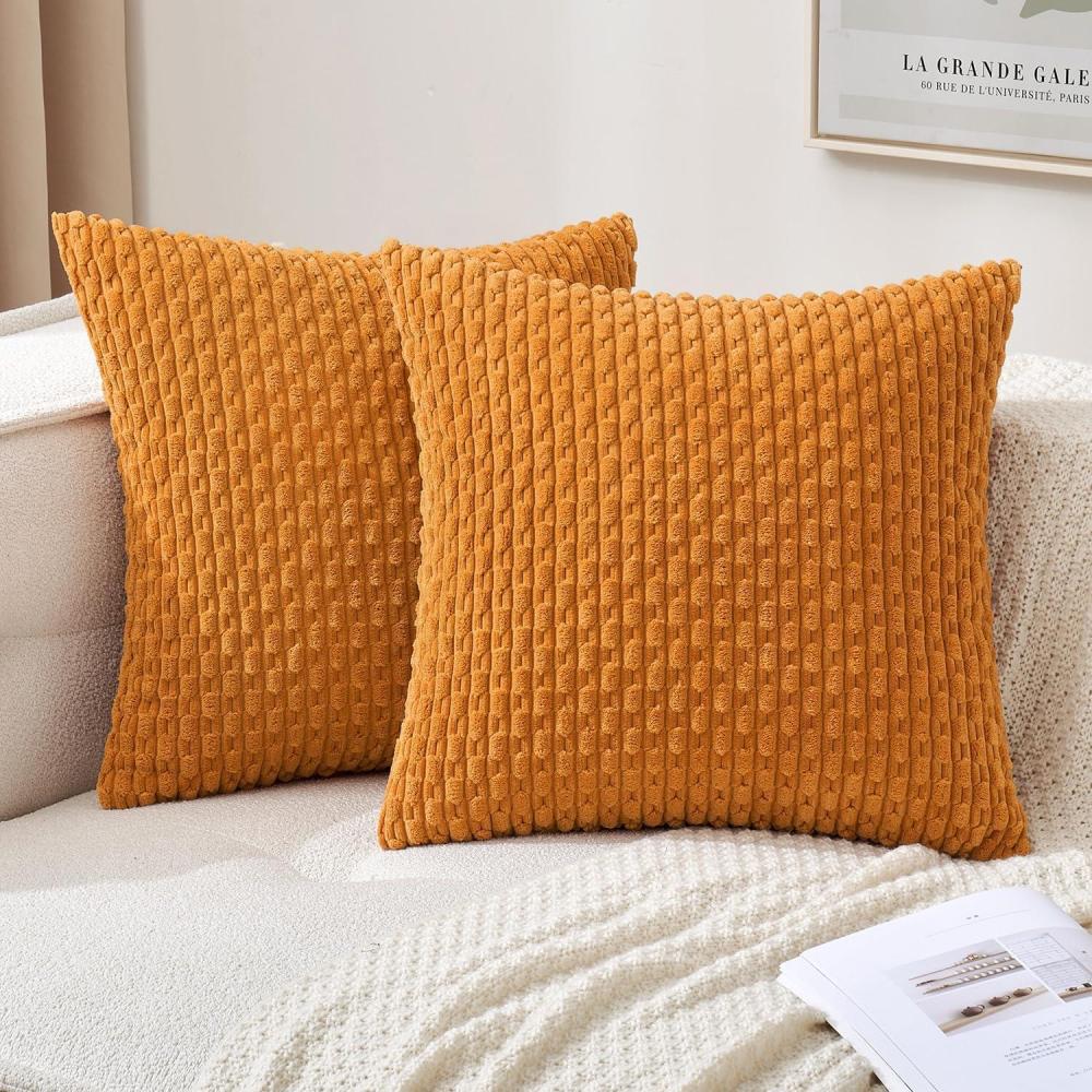 imageMIULEE Christmas Throw Pillow Covers Soft Corduroy Decorative Set of 2 Boho Striped Pillow Covers Pillowcases Farmhouse Home Decor for Couch Bed Sofa Living Room 18x18 Inch Pure WhiteBurnt Orange