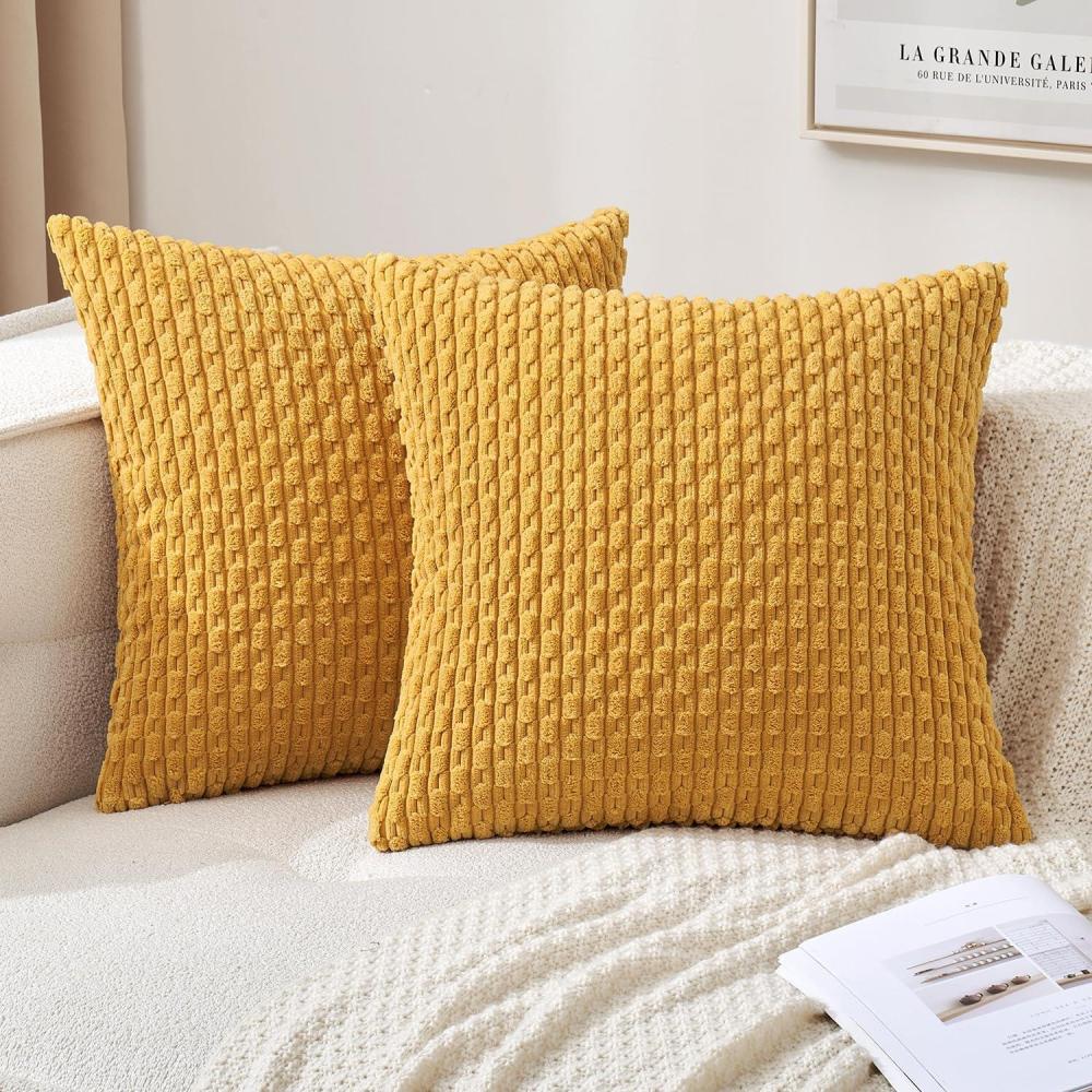 imageMIULEE Christmas Throw Pillow Covers Soft Corduroy Decorative Set of 2 Boho Striped Pillow Covers Pillowcases Farmhouse Home Decor for Couch Bed Sofa Living Room 18x18 Inch Pure WhiteYellow