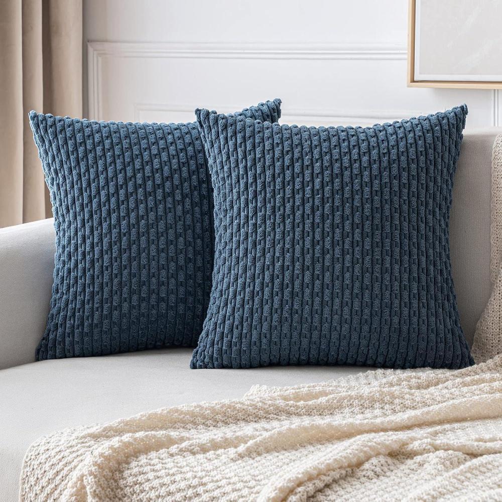 imageMIULEE Christmas Throw Pillow Covers Soft Corduroy Decorative Set of 2 Boho Striped Pillow Covers Pillowcases Farmhouse Home Decor for Couch Bed Sofa Living Room 18x18 Inch Pure WhiteBlue