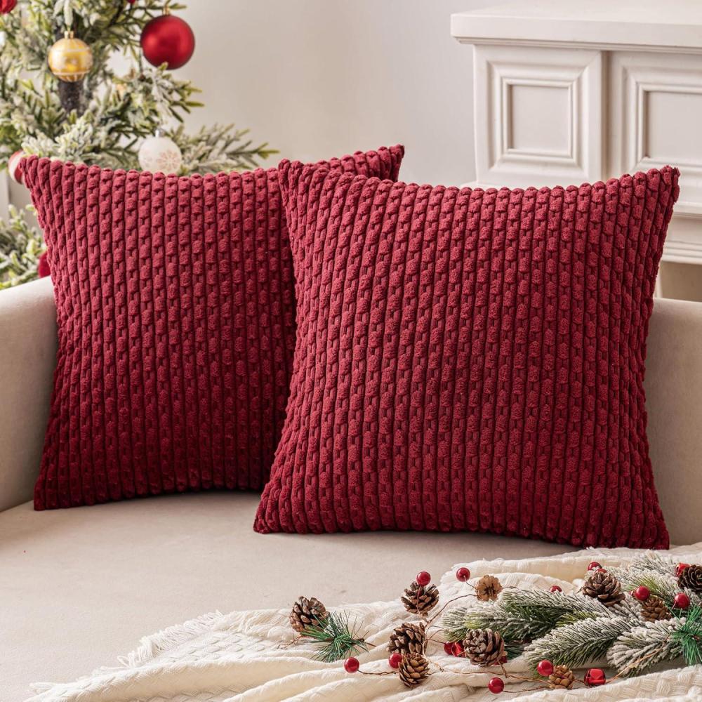 imageMIULEE Christmas Throw Pillow Covers Soft Corduroy Decorative Set of 2 Boho Striped Pillow Covers Pillowcases Farmhouse Home Decor for Couch Bed Sofa Living Room 18x18 Inch Pure WhiteWine Red