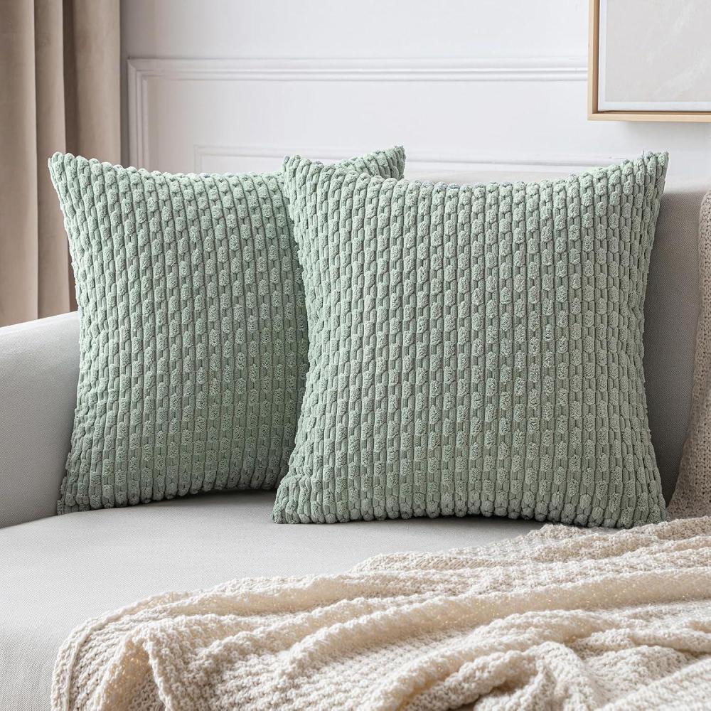 imageMIULEE Christmas Throw Pillow Covers Soft Corduroy Decorative Set of 2 Boho Striped Pillow Covers Pillowcases Farmhouse Home Decor for Couch Bed Sofa Living Room 18x18 Inch Pure WhiteGreyish Green