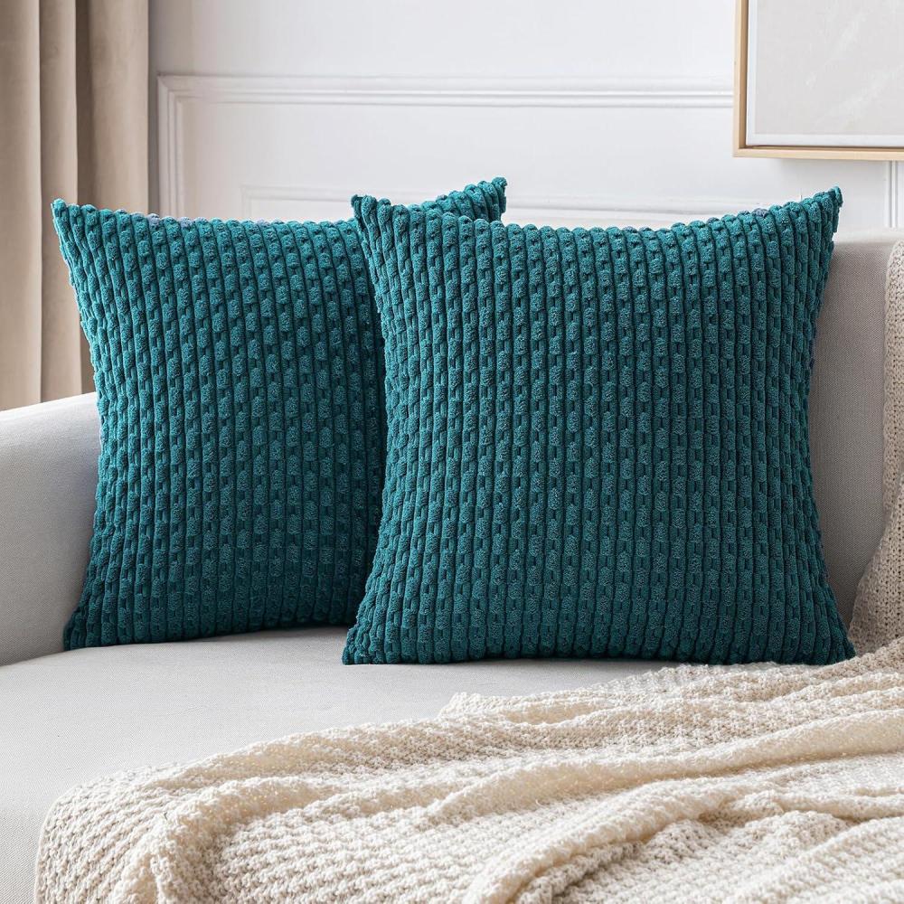 imageMIULEE Christmas Throw Pillow Covers Soft Corduroy Decorative Set of 2 Boho Striped Pillow Covers Pillowcases Farmhouse Home Decor for Couch Bed Sofa Living Room 18x18 Inch Pure WhiteTeal Blue