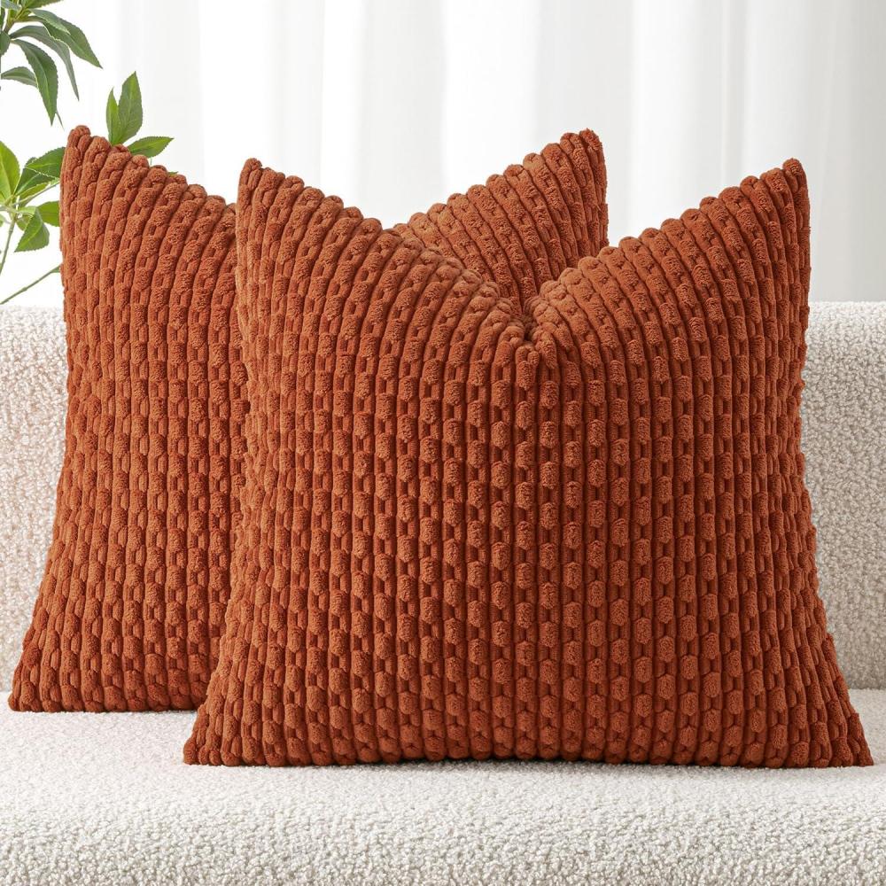 imageMIULEE Christmas Throw Pillow Covers Soft Corduroy Decorative Set of 2 Boho Striped Pillow Covers Pillowcases Farmhouse Home Decor for Couch Bed Sofa Living Room 18x18 Inch Pure WhiteRust