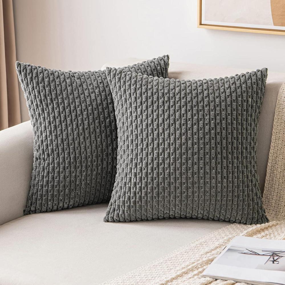 imageMIULEE Christmas Throw Pillow Covers Soft Corduroy Decorative Set of 2 Boho Striped Pillow Covers Pillowcases Farmhouse Home Decor for Couch Bed Sofa Living Room 18x18 Inch Pure WhiteDark Grey