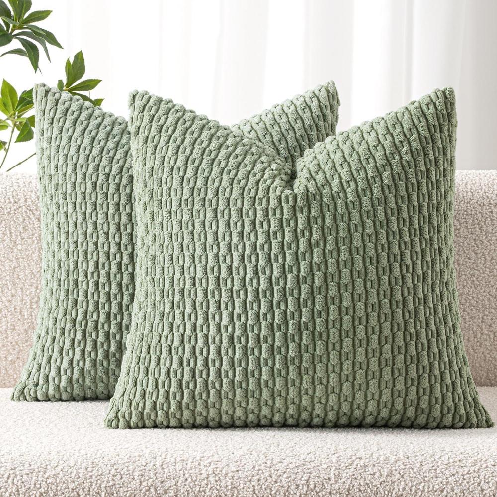 imageMIULEE Christmas Throw Pillow Covers Soft Corduroy Decorative Set of 2 Boho Striped Pillow Covers Pillowcases Farmhouse Home Decor for Couch Bed Sofa Living Room 18x18 Inch Pure WhiteSage Green