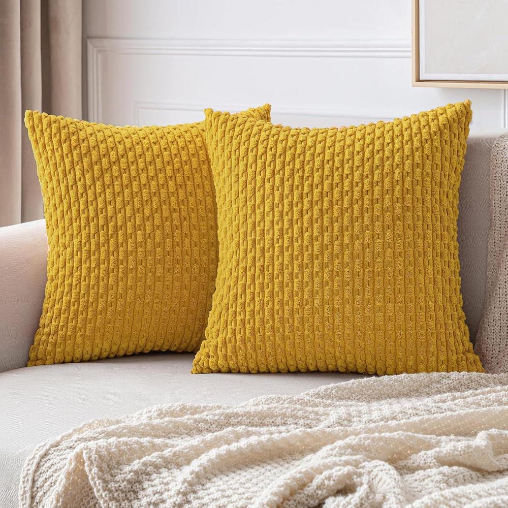 imageMIULEE Christmas Throw Pillow Covers Soft Corduroy Decorative Set of 2 Boho Striped Pillow Covers Pillowcases Farmhouse Home Decor for Couch Bed Sofa Living Room 18x18 Inch Pure WhiteMustard Yellow